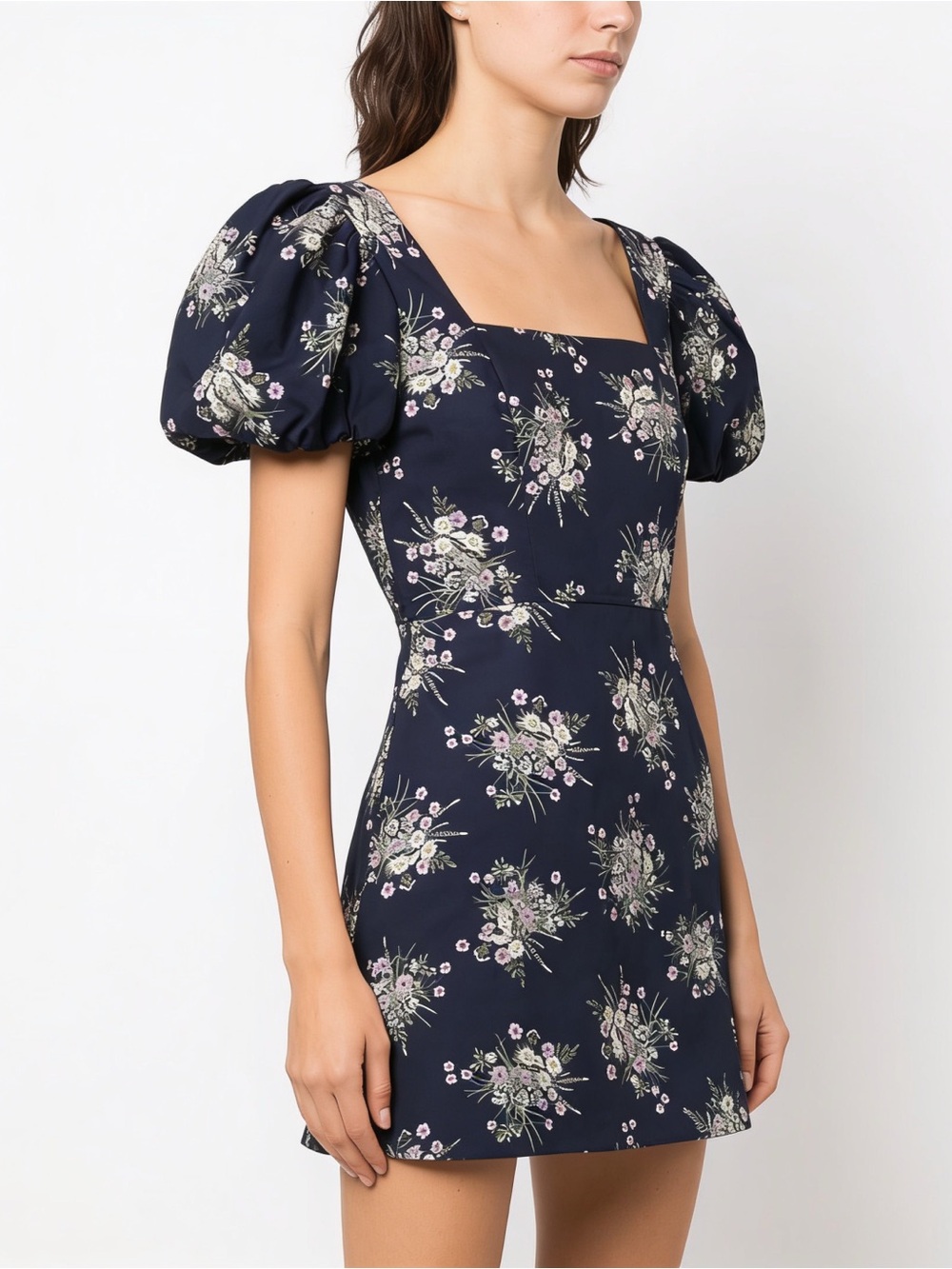 Floral navy bubble sleeve square-neck mini summer fall sundress, NWOT